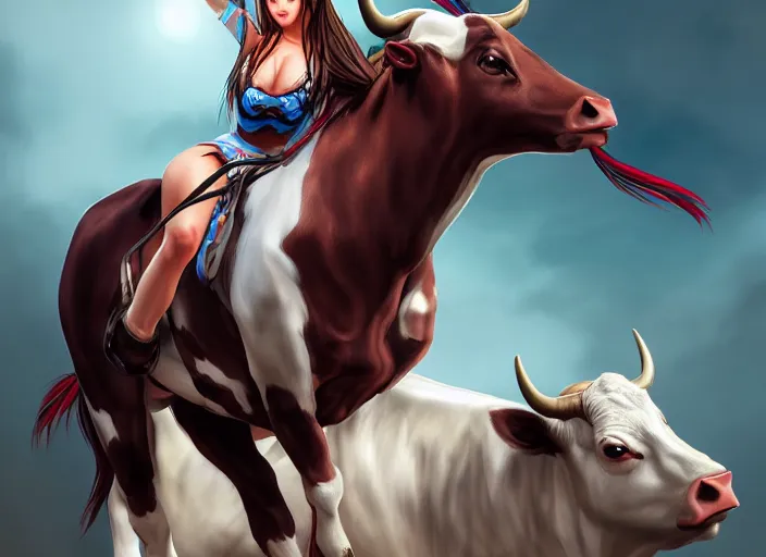 Image similar to Tina from Dead or Alive riding a cow, artwork by artgerm, 4K