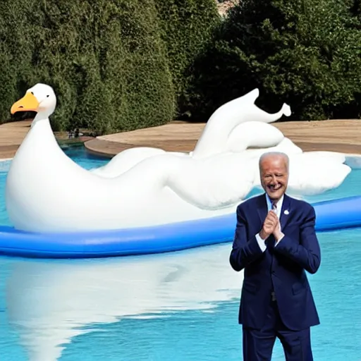 Prompt: joe biden hugging an inflatable plastic swan by the pool