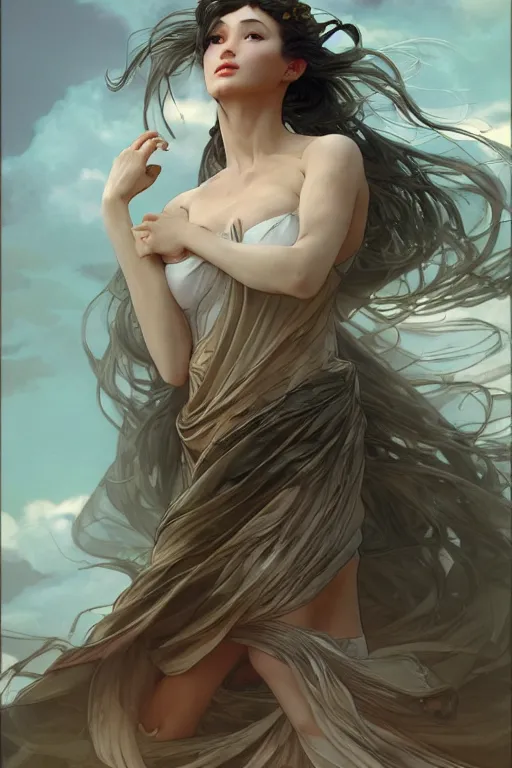 Image similar to full body windy hair zero gravity seductive meditation goddess in the style of artgerm, wlop, greg rutkowski, alphonse mucha and ayami kojima, realistic details, volumetric lighting, very very very very beautiful symmetrical face, trending on artstation, artstationhd, artstationhq, unreal engine, 4 k, 8 k
