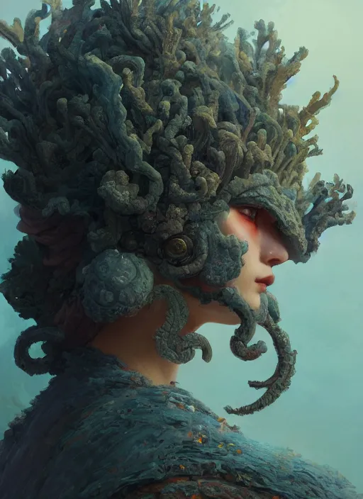 Image similar to Helmet of a forgotten Deity, corals, plume made of seaweed, extremly detailed digital painting, in the style of Fenghua Zhong and Ruan Jia and jeremy lipking and Peter Mohrbacher, mystical colors, rim light, beautiful lighting, 8k, stunning scene, raytracing, octane, trending on artstation