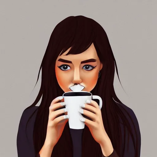 Prompt: symmetrical face of a girl drinking coffee, by samdoesart, digital painting, calm colours