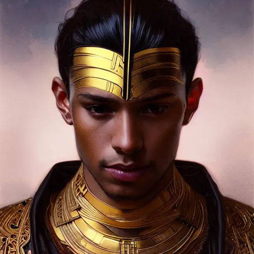 Image similar to portrait of a young handsome dark god, gold wires, intricate, headshot, highly detailed, digital painting, artstation, concept art, sharp focus, cinematic lighting, illustration, art by artgerm and greg rutkowski, alphonse mucha, cgsociety