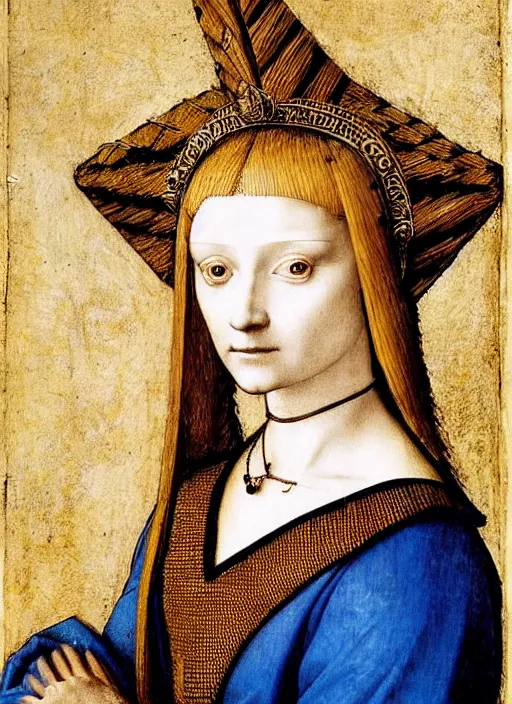 Prompt: portrait of young woman in medieval dress and medieval headdress, blue eyes and blond hair, style by the leonardo da vinci