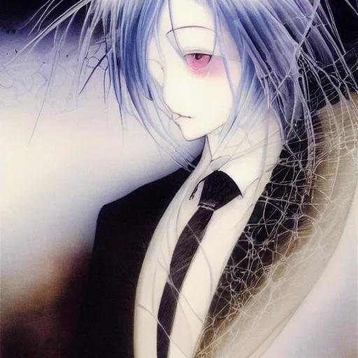 Image similar to Yoshitaka Amano dreamy and blurry illustration of an anime girl with white hair and cracks on her face wearing dress suit with tie fluttering in the wind, abstract black and white patterns on the background, head turned to the side, noisy film grain effect, highly detailed, Renaissance oil painting, weird portrait angle