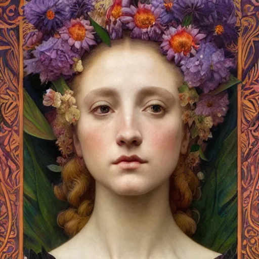 Prompt: queen of flowers, by annie swynnerton and charlie bowater and tino rodriguez and nicholas roerich and jean delville and evelyn de morgan and william - adolphe bouguereau, dramatic lighting, floral tattoos, rich colors, smooth sharp focus, extremely detailed, donato giancola, adolf wolfli