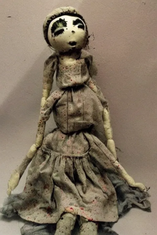 Image similar to dirty cracked screaming vintage doll maggots in eyes sitting in darkly lit dusty basement cobwebs old photo