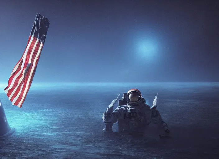 Image similar to astronaut holding a flag in an underwater desert. a submarine is visible in the distance. dark, concept art, cinematic, dramatic, atmospheric, 8 k, trending on artstation, blue, fish, low visibility, fog, ocean floor, christopher nolan, interstellar