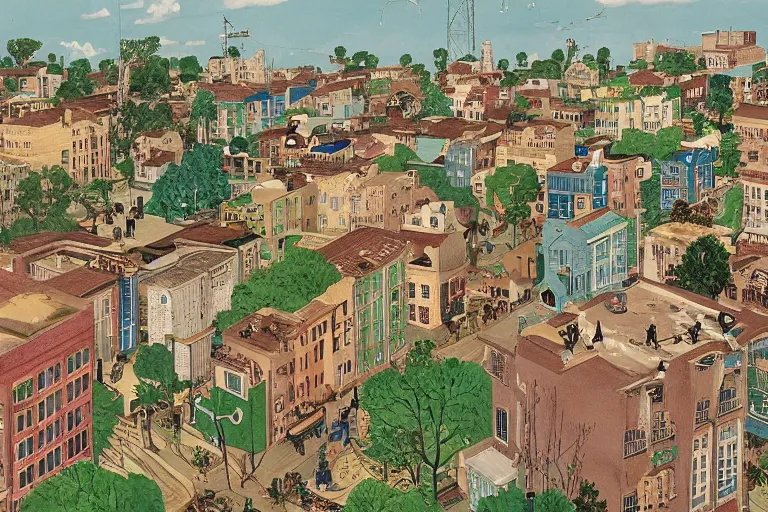 Prompt: an elaborate and dense painting of a peaceful neighborhood in the 1 9 5 0 /, made of alcohol ink on parchment, by wes anderson and geoff darrow