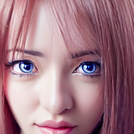 Image similar to anime girl with hearts in her eyes blushing looking straight forward, close up portrait.