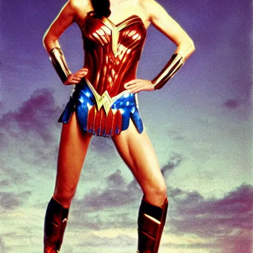 Image similar to young martine beswick as wonder woman, photorealistic, color photograph in the style of annie leibovitz - h 6 4 0