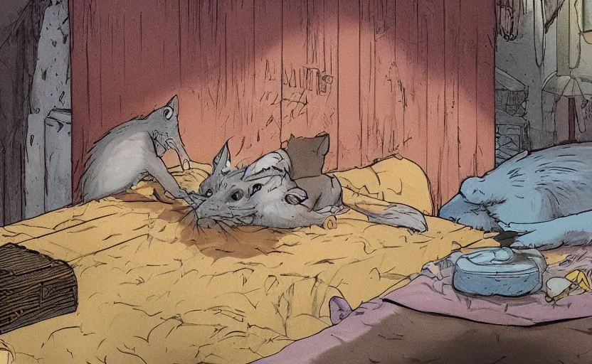 Prompt: the friendly feral rat awoke from its slumber beneath the bed frame, digital painting masterpiece, haunting beautiful brush strokes, painted by Moebius and Hayao Miyazaki and Akira Toriyama