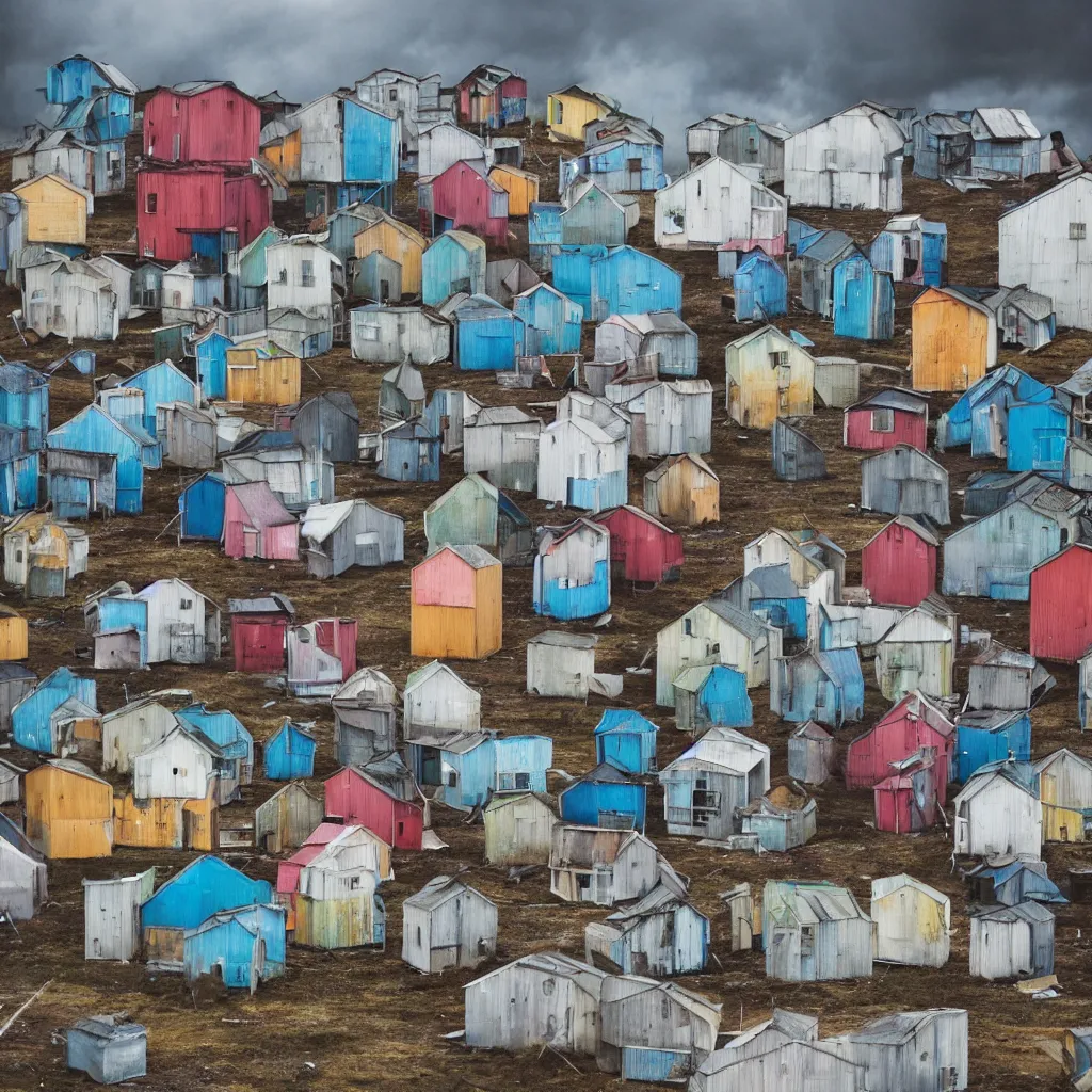 Image similar to towers made up of colourful makeshift squatter shacks, bleached colours, moody cloudy sky, dystopia, mamiya, very detailed, photographed by cristina de middel