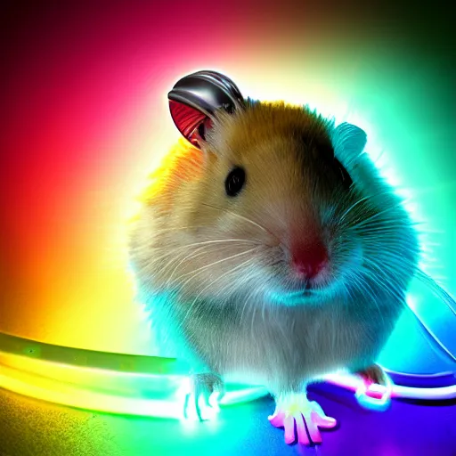 Image similar to cyberpunk hamster! holding rainbow! gem! crystal, neon lights, light reflection, logo, 8 k, hd