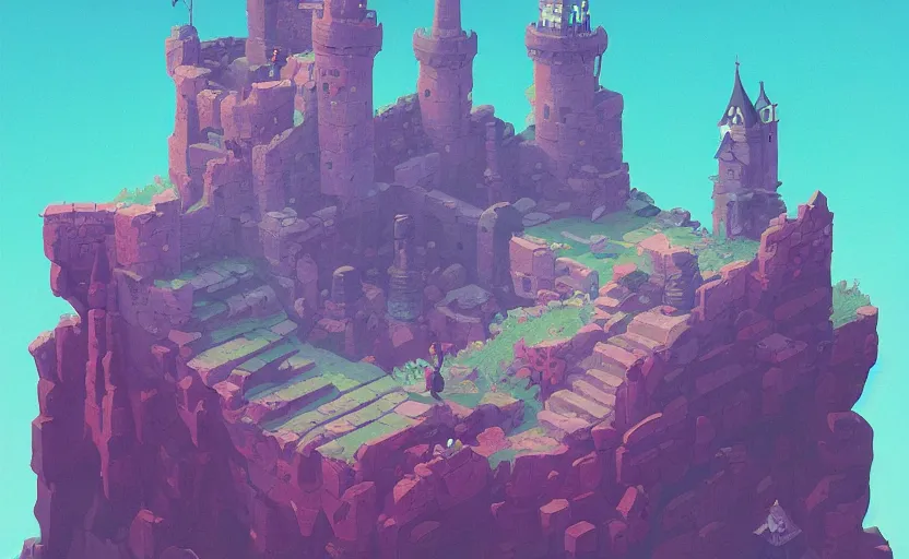 Prompt: old tiny castle on a hill, james gilleard, moebius, print, game art