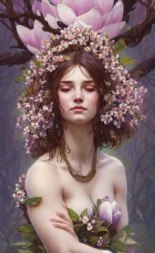 Image similar to portrait of a goddess of magnolia! covered in flowers!, half body, perfect face!!, d & d, fantasy, intricate, elegant, highly detailed, digital painting, artstation, concept art, smooth, sharp focus, illustration, art by artgerm and greg rutkowski and alphonse mucha