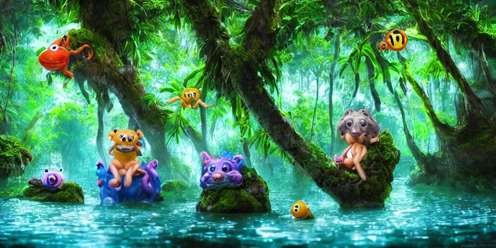 Prompt: of an intricate rainforest rocky lake with strange cute goofy creatures with huge eyes, long tongue, square teeth and big nose appearing from the water, in the style of jeff koons, macro lens, shallow depth of field, highly detailed, digital painting, trending artstation, concept art, illustration, cinematic lighting, vibrant colors, photorealism, epic, octane render