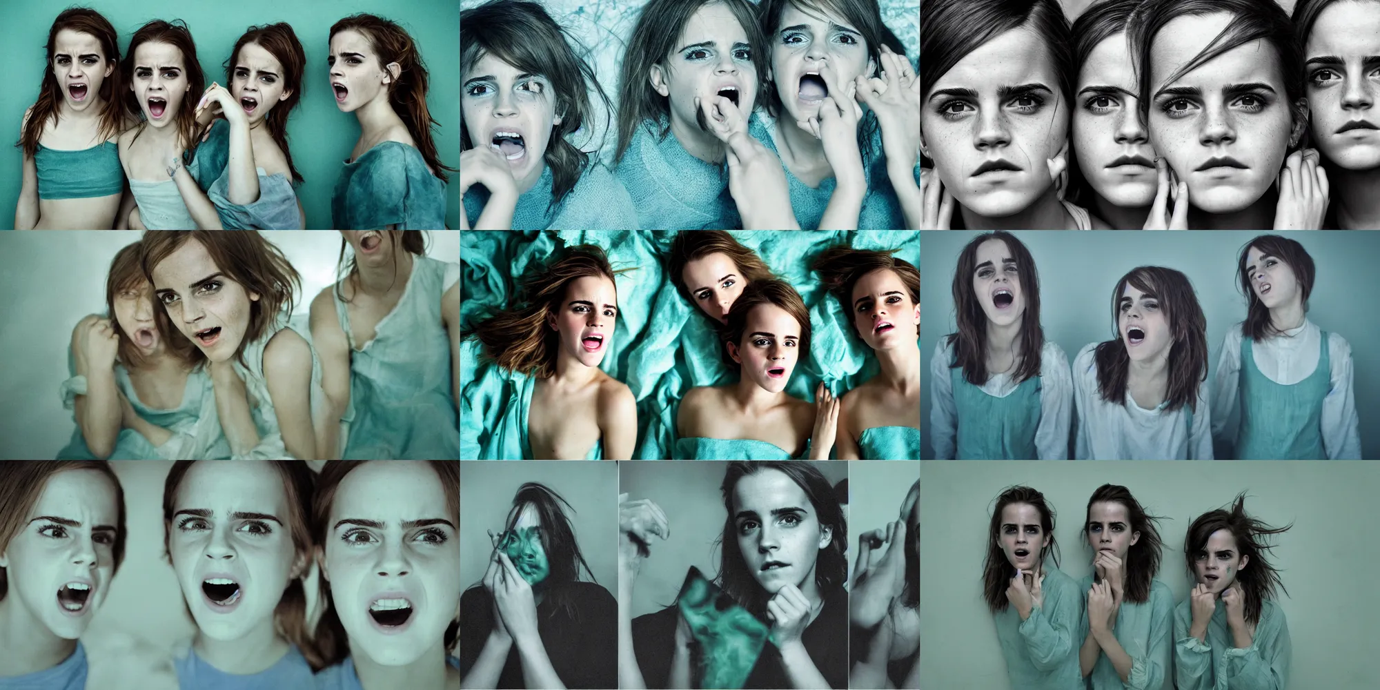 Prompt: portrait emma watson identical twins screaming greg rutkowski james gurney david bailey corinne day canon fujifilm sony alpha nikon pale green and blue