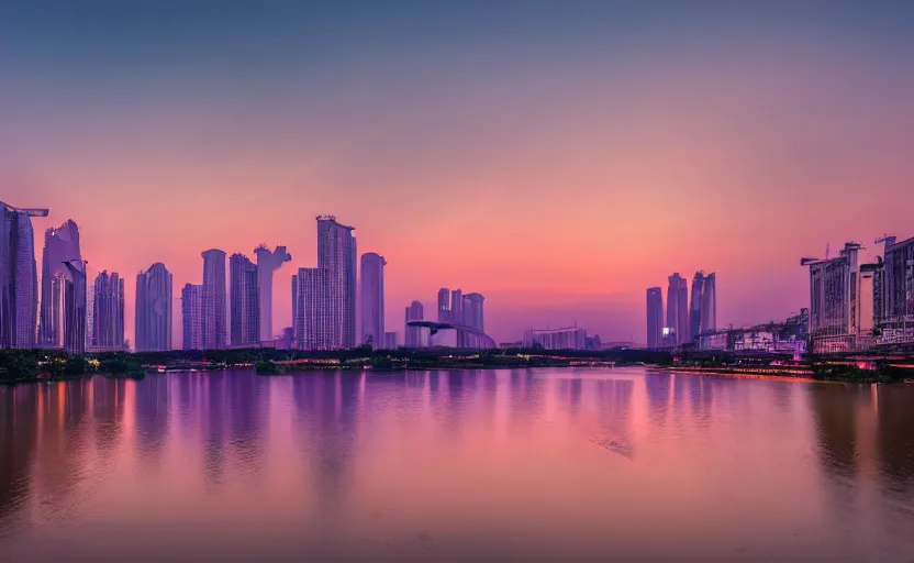 Image similar to a photo of guangzhou, river, sunset, purple sky, cinematic, 8 k, highly - detailed