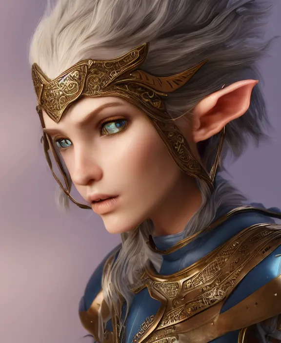 Prompt: a beautiful and highly detailed digital portrait of a dignified elf with long blue windswept hair in a rose gold breastplate by artgerm and lu ji, centered, artsation contest winner, cgsociety, fantasy art, cryengine, concept art, photorealism, daz 3 d, sketchfab, zbrush, vray