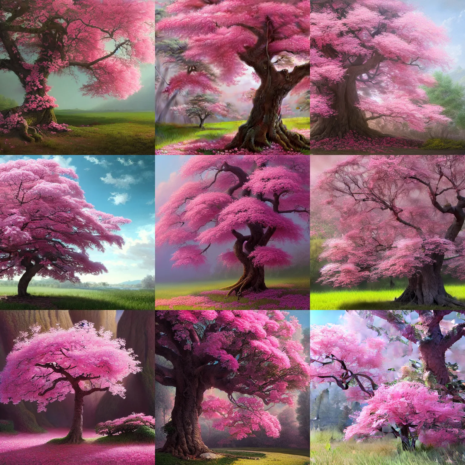 Prompt: a painting of a tree with pink flowers, a detailed matte painting by shin yun - bok, cgsociety, photorealism, matte painting, detailed painting, matte drawing