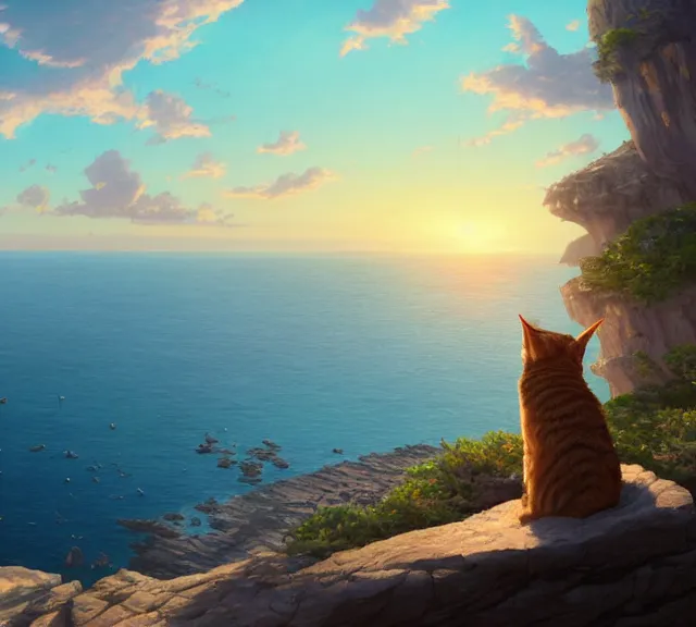 Prompt: a tabby cat sitting on a cliff overlooking the sea. Atmospheric lighting, sunset, blue sea. By Makoto Shinkai, Stanley Artgerm Lau, WLOP, Rossdraws, James Jean, Andrei Riabovitchev, Marc Simonetti, krenz cushart, Sakimichan, trending on ArtStation, digital art.