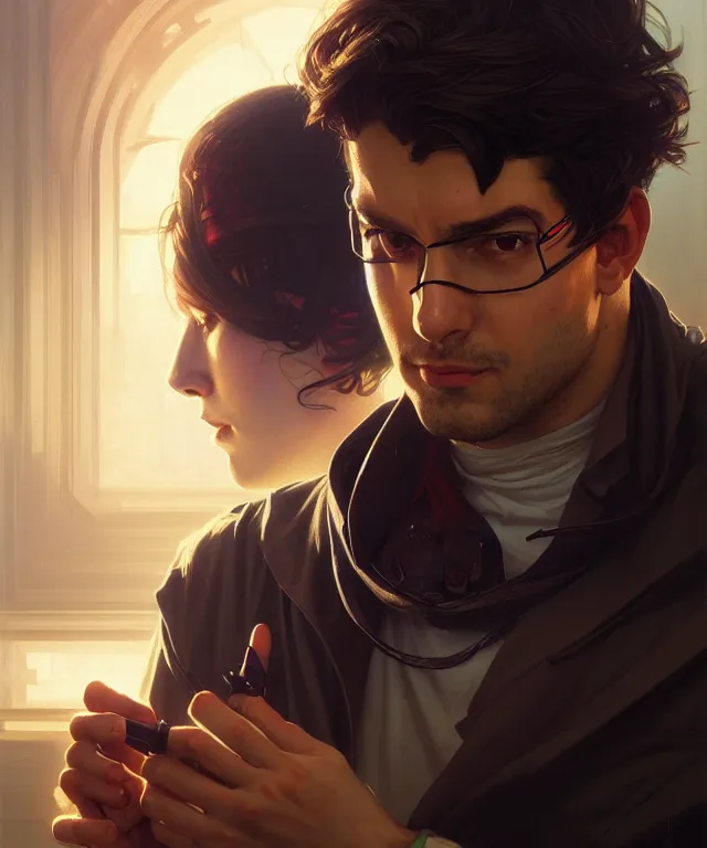 Image similar to Hacker man hacks computer, highly detailed, digital painting, artstation, concept art, smooth, sharp focus, illustration, art by artgerm and greg rutkowski and alphonse mucha