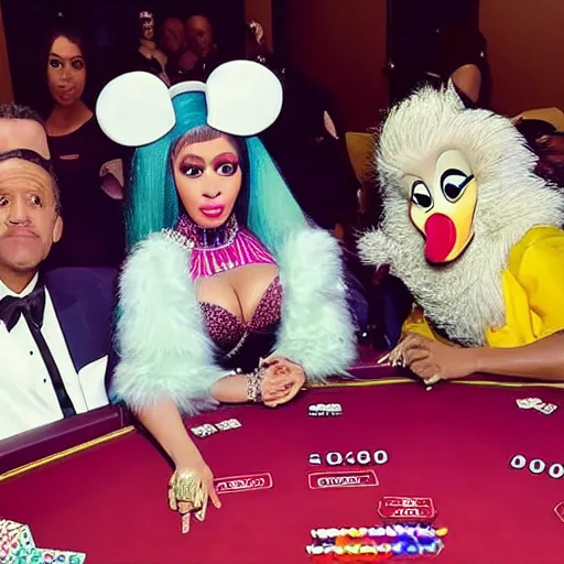 Prompt: cardi b, nicki minaj, donald duck all sitting at a poker table together, ultra realistic, live action, iphone photo