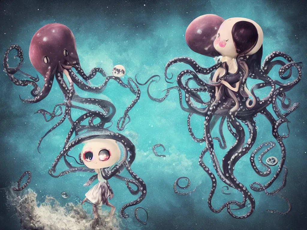 Prompt: cute fumo plush gothic octopus maiden alien girl swimming in the waves of the dark galactic abyss, tattered ragged gothic dress, ocean waves and reflective splashing water, vignette, vray