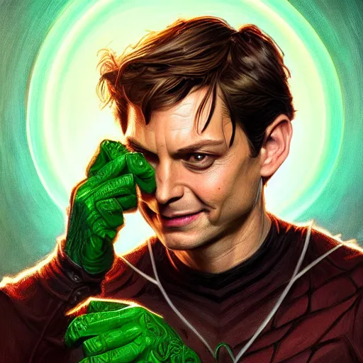 Image similar to handsome Tobey Maguire as the Green Goblin, western, D&D, fantasy, intricate, elegant, highly detailed, digital painting, artstation, concept art, matte, sharp focus, illustration, art by Artgerm and Greg Rutkowski and Alphonse Mucha