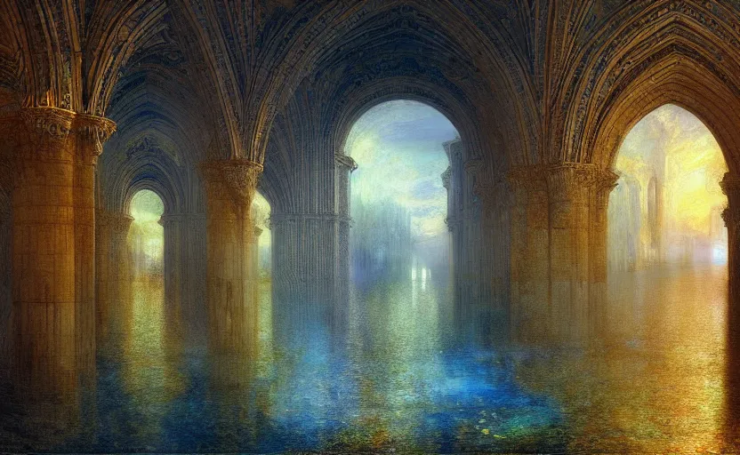 Image similar to tiled room squared waterway, aqueducts, fantasy. intricate. by artstation trending, by joseph mallord william turner, luis royo, konstantin razumov, cinematic lighting, fractal flame, highly detailed