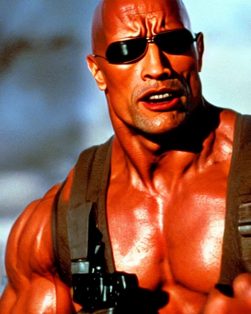 Image similar to Film still close-up shot of Dwayne Johnson in the movie Terminator 2. Photographic, photography