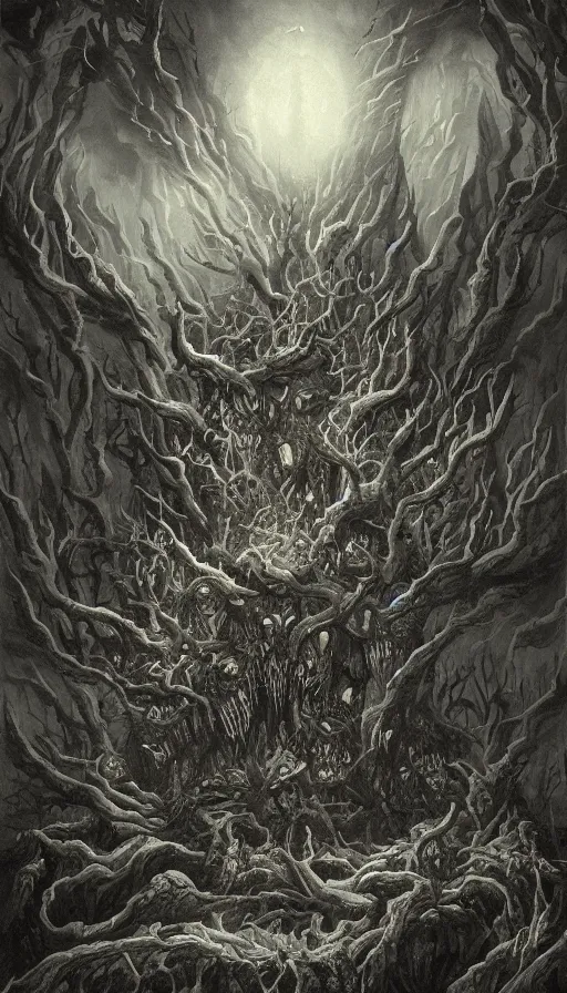 Image similar to a storm vortex made of many demonic eyes and teeth over a forest, by fortiche studio