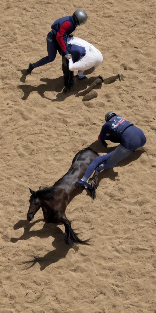 Prompt: horse wrestles astronaut on all fours on hands and knees in grappling in closed guard on mount position