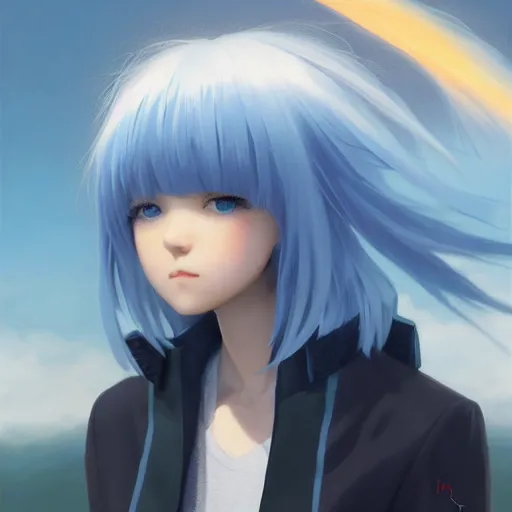 Prompt: profile shot of rimuru tempest averting his gaze, sky blue hair, straight hair, pretty, long bangs, amber eyes, black jacket with white stripes, a high frilly collar | highly detailed, unreal engine 5, digital painting, concept art, cinematic, wlop | artgerm, pixiv, ilya kuvshinov, greg rutkowski