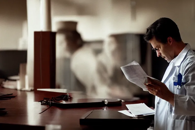 Image similar to a cinematic shot of an doctor reading his notes, talking to a patient, moody lighting, action, movie still, shallow depth of field, muted colors