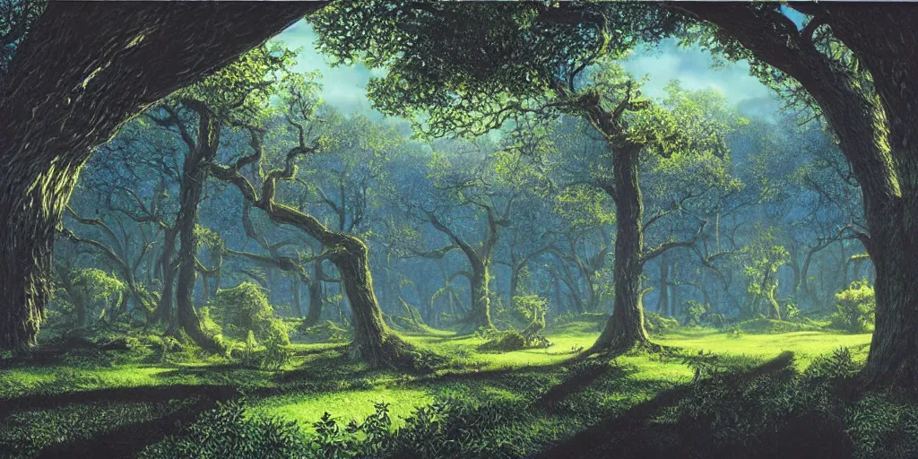 Image similar to Artwork by Tim White of the cinematic view of The Wood of Mirage, a Forest, with a mucid manor.