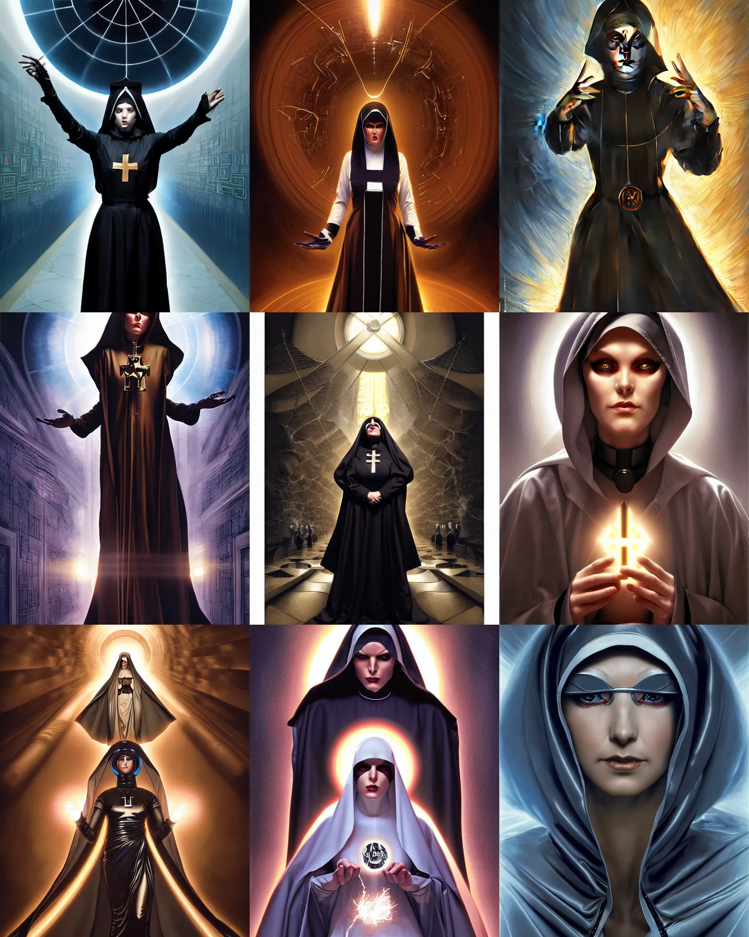 Prompt: portraid of cyber nun of the indeterministic religion, art by mark brooks and brad kunkle, detailed, gorgeous lighting, wide angle, action, dynamic