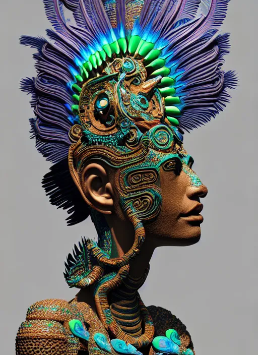 Image similar to 3 d goddess profile portrait. beautiful intricate highly detailed quetzalcoatl mask and feathers. ahuizotl, atotolin, bioluminescent, plasma, lava, ice, water, wind, creature, jungle, artwork by tooth wu and wlop and beeple and greg rutkowski, 8 k trending on artstation,