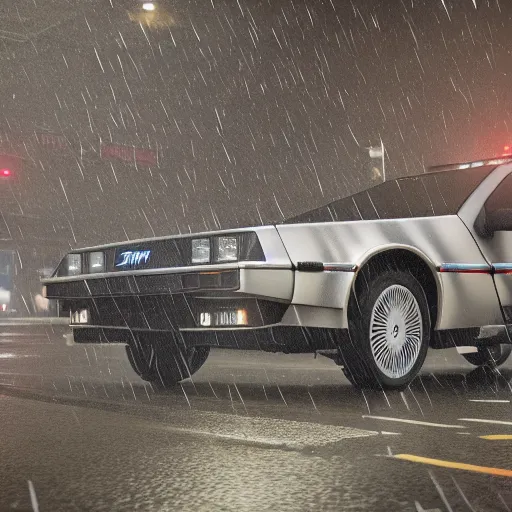 Image similar to hyperdetailed, photorealistic photograph of a dmc 1 2 delorean driving in the streets, rain, night, dense fog, hd, unreal engine 5