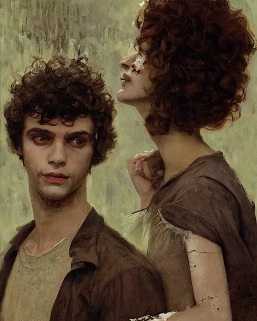 Image similar to two handsome but creepy young people in layers of fear, with haunted eyes and curly hair, 1 9 7 0 s, seventies, wallpaper, a little blood, moonlight showing injuries, delicate embellishments, painterly, offset printing technique, by coby whitmore, jules bastien - lepage, mary jane ansell