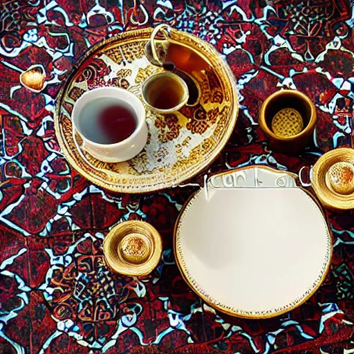 Prompt: arabic calligraphy by pollock, moroccan tea set, product photography, product design