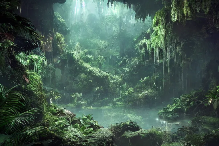 Prompt: the most amazing dream you ever had about subterranean jungle, hyper realistic, ambient lighting, concept art, intricate, hyper detailed, smooth, dynamic volumetric lighting, octane, cinematic