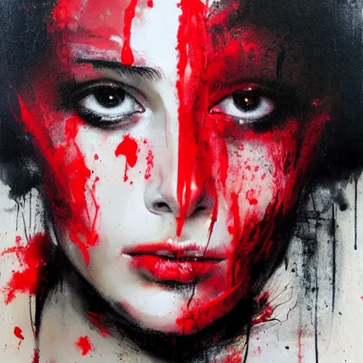 Image similar to portrait of young beautiful woman with two faces covered in red dripping paint, artwork by guy denning and charlie bowater,