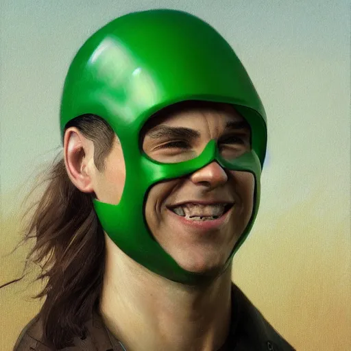 Prompt: a falling man with a big round neon green smile face mask, artists portrait, backyard, fantasy, highly detailed, digital painting, concept art, sharp focus, depth of field blur, illustration, art by artgerm and greg rutkowski and alphonse mucha