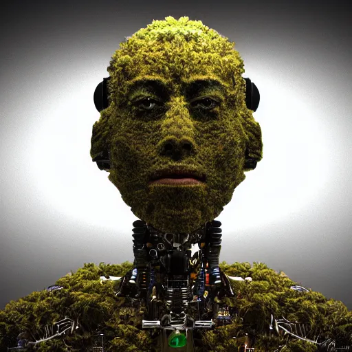 Image similar to an amazing deep portrait of a robot made of marijuana, intricate detail, volumetric lighting, 8 k, photorealistic, digital art trending on artstation