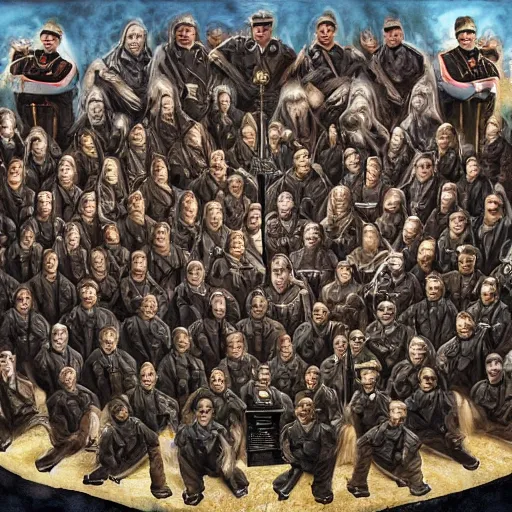 Image similar to wagner russian military force exorcism group photo - realistic, color image, hyper realistic, 2 k, highly detailed, occult art, by giger, fractal structure