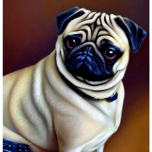 Image similar to oil painting, a pug with gothic emo hair, intricate, masterpiece, artstation, stunning