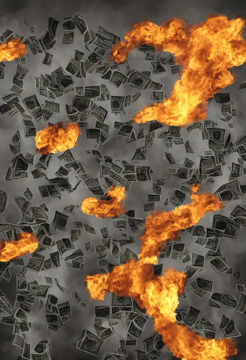 Image similar to an infinite recursion bank burning, some bills float in the air