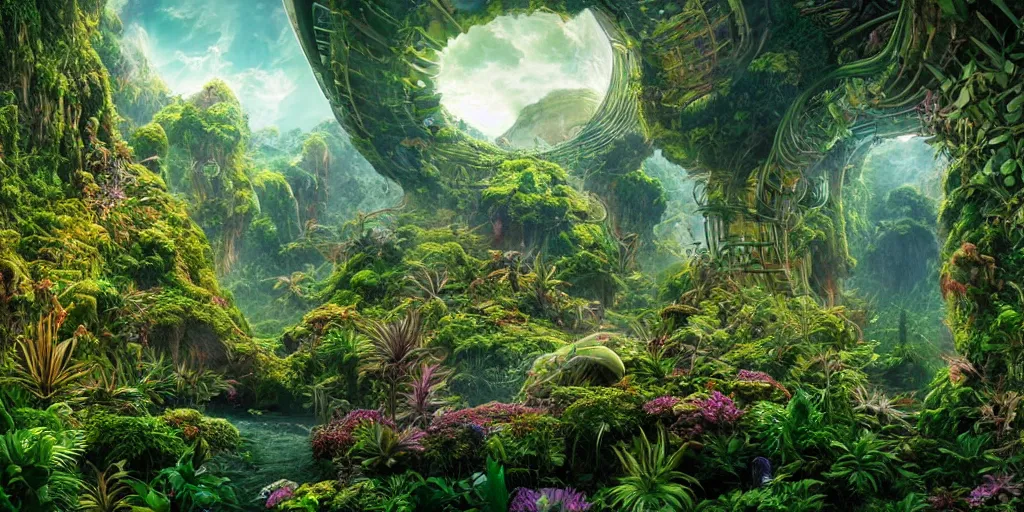 Image similar to alien cinematic geometric lush mirror art, integrated plants landscape geometry 8 k sharp focus sacred by moebius, andreas franke, james christensen, victo nagi, artgerm