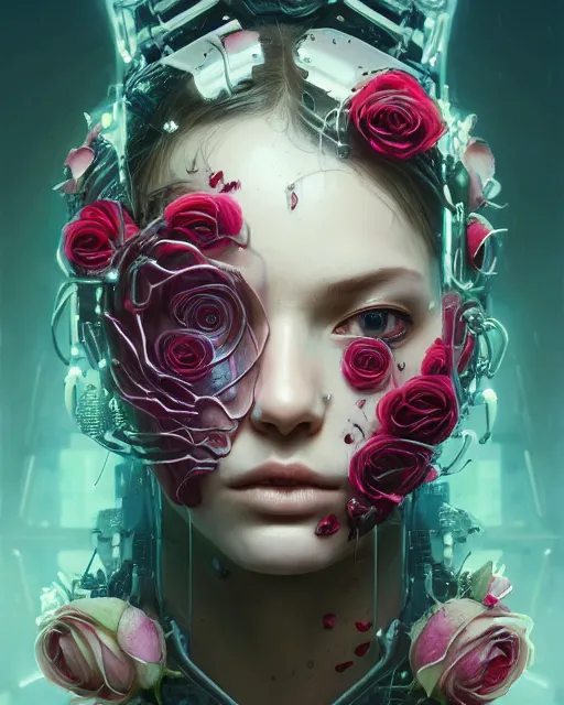 Prompt: portrait of a female face with roses instead of eyes, cyberpunk cyborg. roses, sci - fi, intricate abstract upper body intricate artwork, by tooth wu, wlop, beeple, dan mumford. concept art, octane render, deviantart, greg rutkowski, cinematic arthouse, key art, hyper realism, iridescent accents